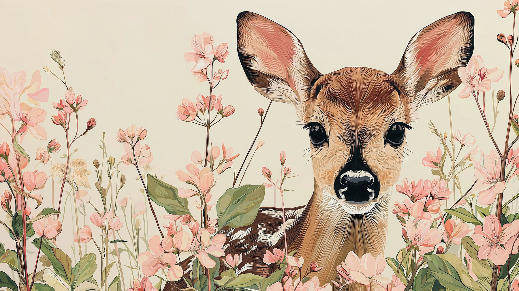 Detailed baby deer and delicate flowers mural wallpaper design pattern by Kids-Mundo