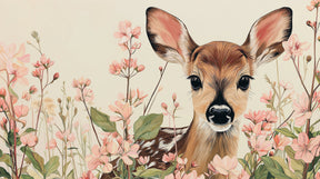Detailed baby deer and delicate flowers mural wallpaper design pattern by Kids-Mundo