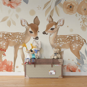 Enchanting baby deer wallpaper with pastel flowers for nursery wall decor