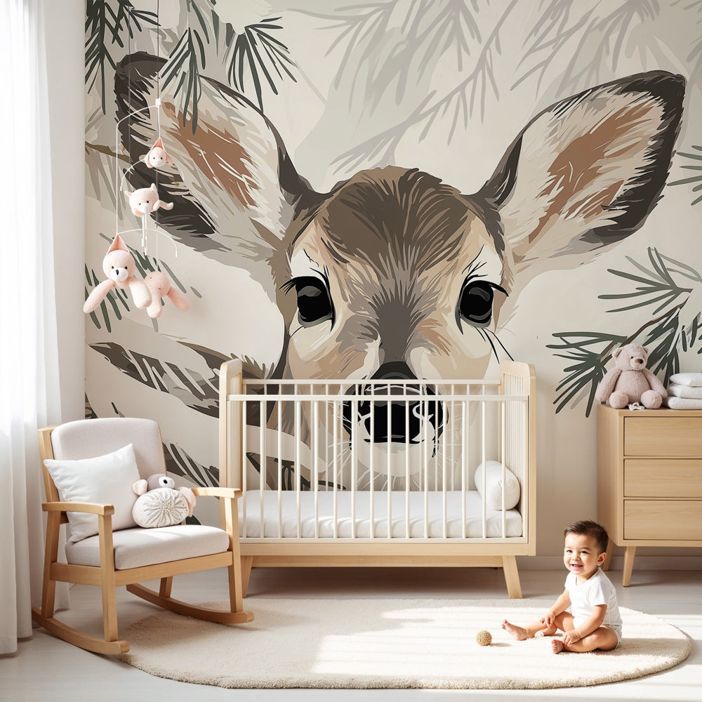 Baby deer mural wallpaper in cozy nursery with wooden crib and soft lighting by Kids-Mundo