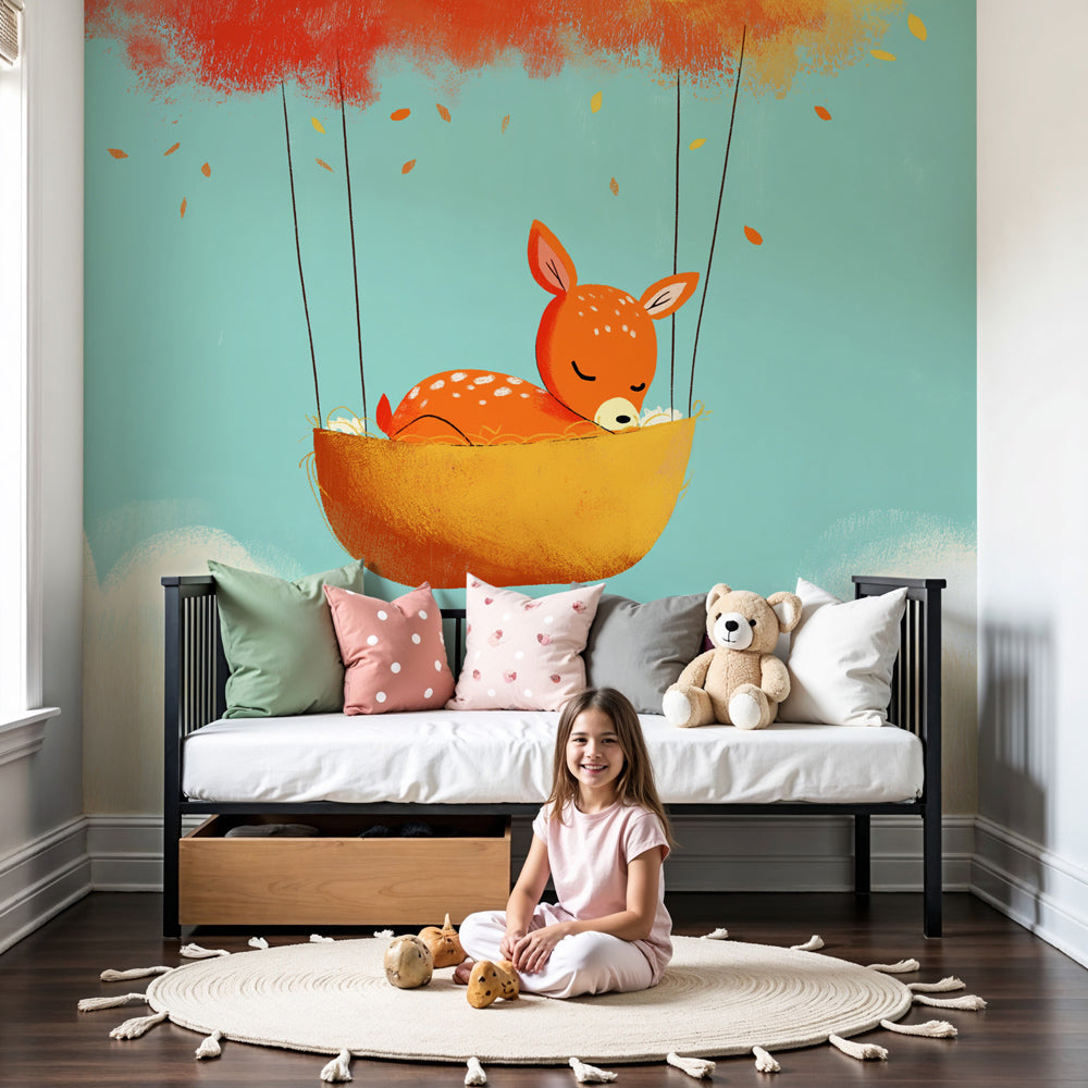 Baby deer mural wallpaper with sleeping fawn in clouds decorating modern nursery by Kids-Mundo