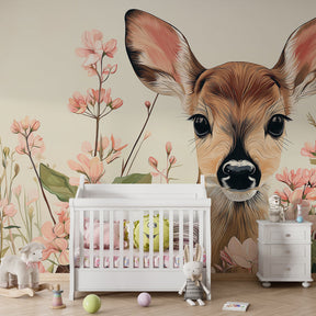 Delicate baby deer wallpaper with pastel flowers for calming children's bedroom