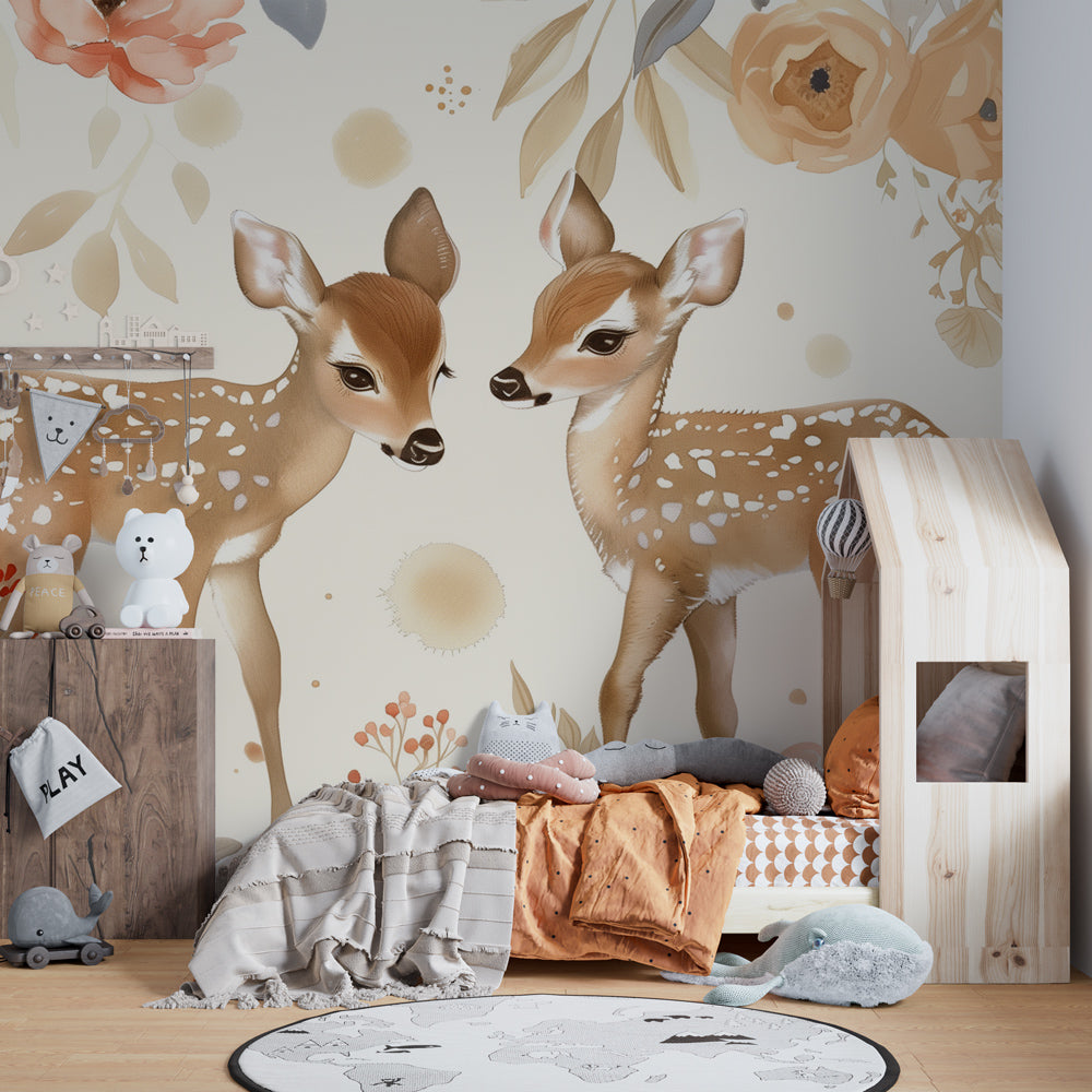 Floral deer wallpaper creating peaceful woodland atmosphere in children's bedroom