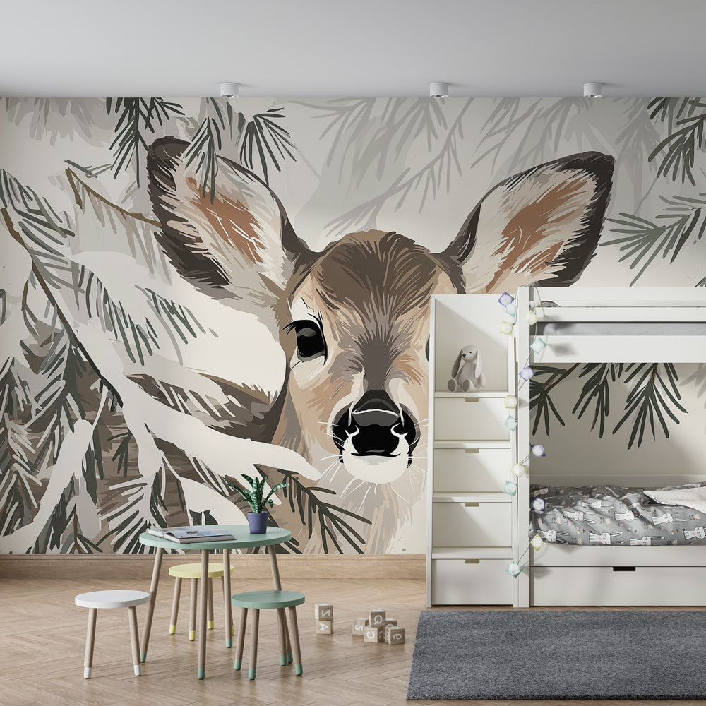 Woodland nursery featuring baby deer wallpaper with natural wood furniture and neutral decor