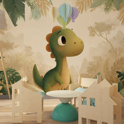 Kids-Mundo baby dinosaur jungle wall mural covering a kids' bedroom wall behind a wooden bed.