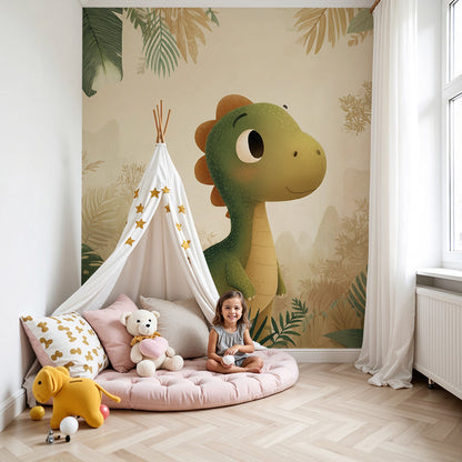 Kids-Mundo baby dinosaur jungle wall mural in a warm nursery with rattan furniture and greenery.