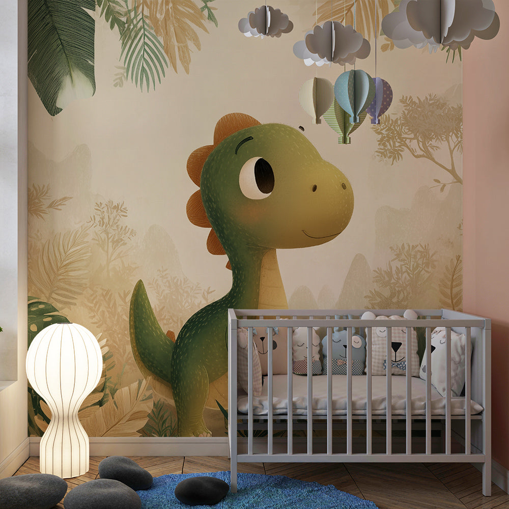 Kids-Mundo baby dinosaur jungle wall mural bringing a leafy hideaway feel to a playroom corner.