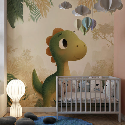 Kids-Mundo baby dinosaur jungle wall mural bringing a leafy hideaway feel to a playroom corner.
