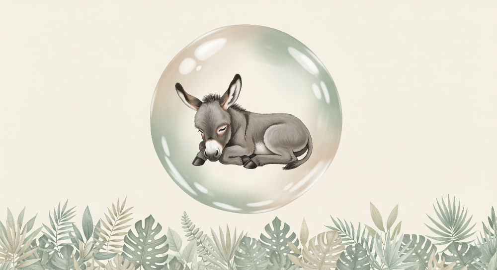 Kids-Mundo flat artwork of a sleeping baby donkey curled inside a bubble above green leaves