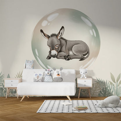 Kids-Mundo sleeping donkey wall mural with a leafy border in a cosy playroom corner