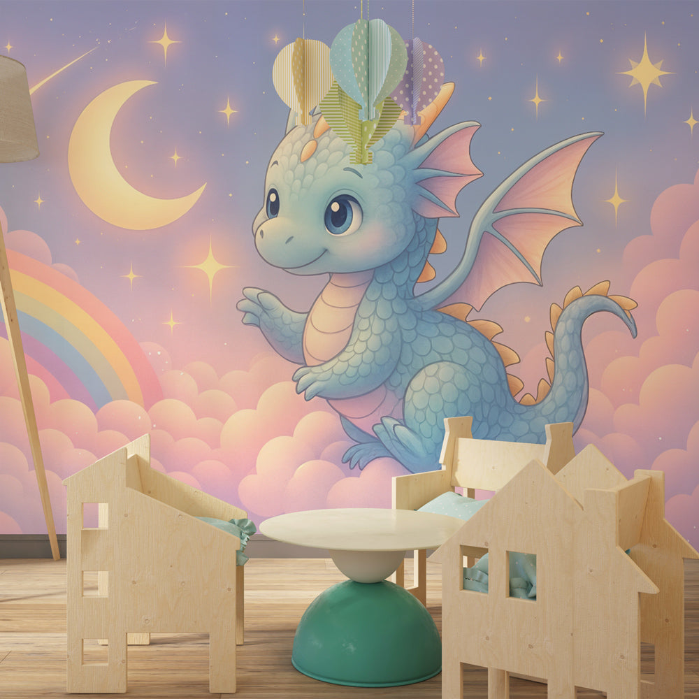 Kids-Mundo dragon and rainbow wall mural behind a bed in a cosy kids bedroom