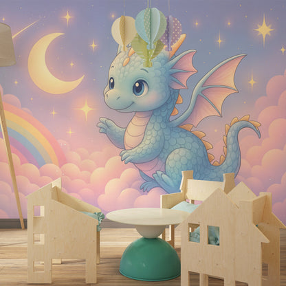 Kids-Mundo dragon and rainbow wall mural behind a bed in a cosy kids bedroom