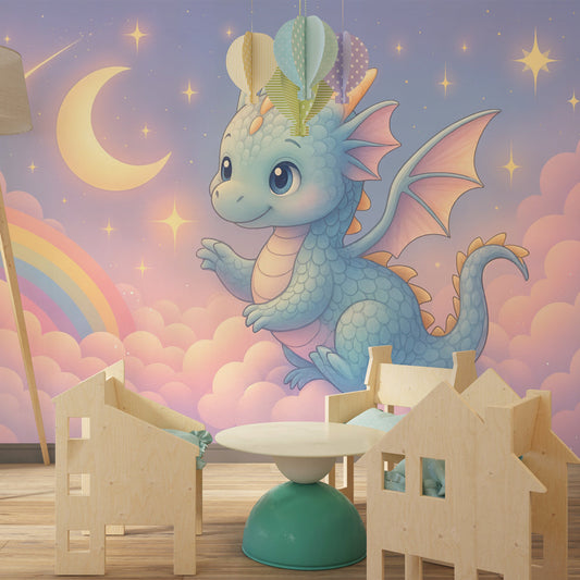 Kids-Mundo dragon and rainbow wall mural behind a bed in a cosy kids bedroom