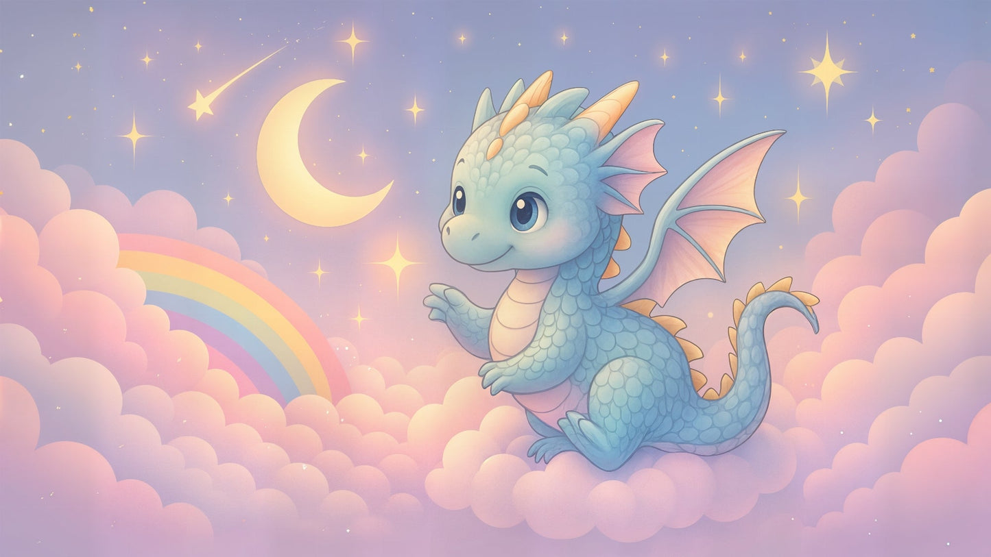 Flat artwork of the Kids-Mundo baby dragon wall mural with moon, shooting star and rainbow