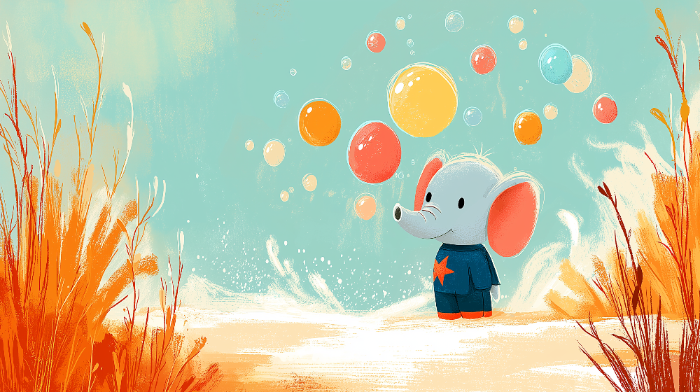 Kids-Mundo flat artwork of a baby elephant blowing colourful bubbles on a turquoise shore