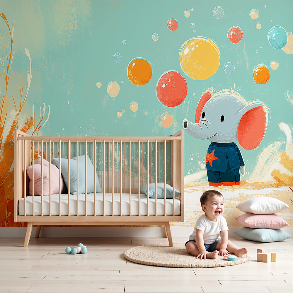 Kids-Mundo baby elephant bubbles wall mural brightening a cheerful nursery room