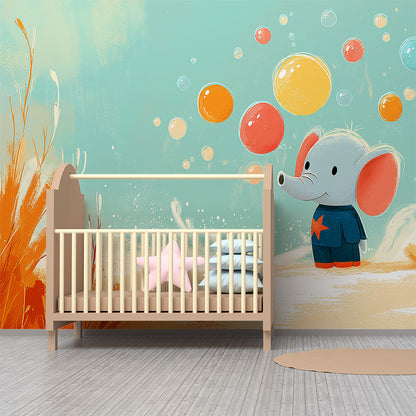 Kids-Mundo baby elephant blowing bubbles mural styled in a lively playroom wall