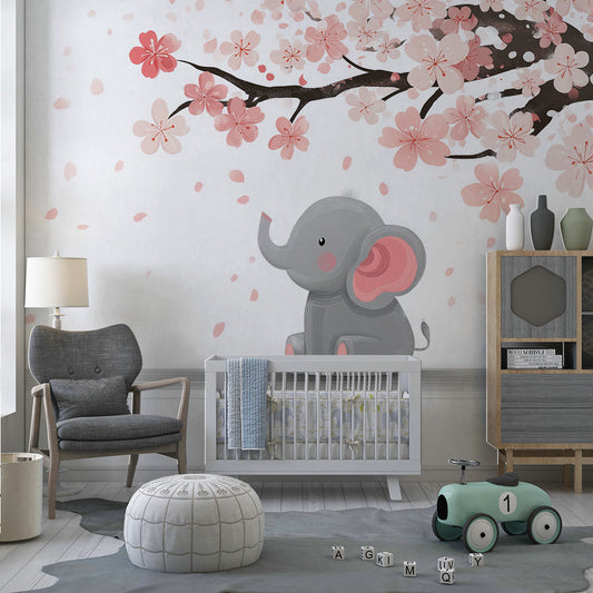 Kids-Mundo baby elephant cherry blossom wall mural on a feature wall in a child's kids bedroom
