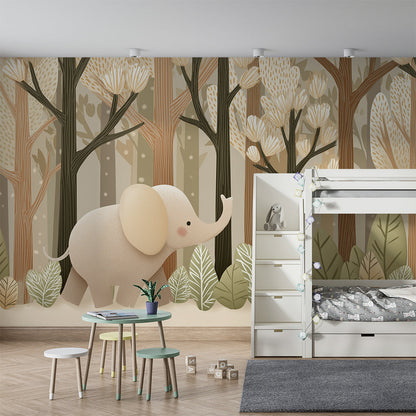 Kids-Mundo woodland elephant wall mural behind a bed in a calm neutral children's bedroom