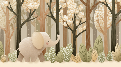Kids-Mundo flat artwork of a baby elephant walking through a soft beige and green woodland scene