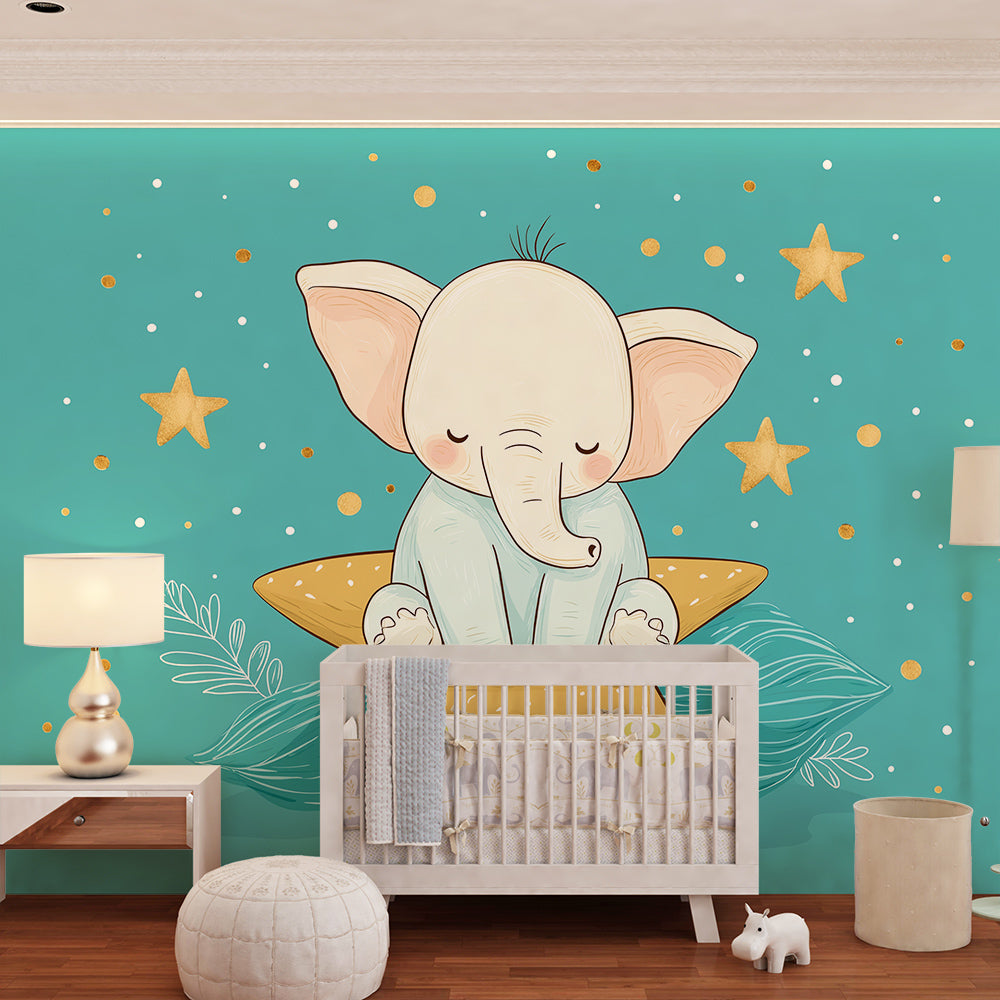 Kids-Mundo starlit elephant mural bringing calm to a child's bedroom wall at night