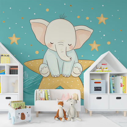 Kids-Mundo elephant on golden star mural adding softness to a cosy playroom wall