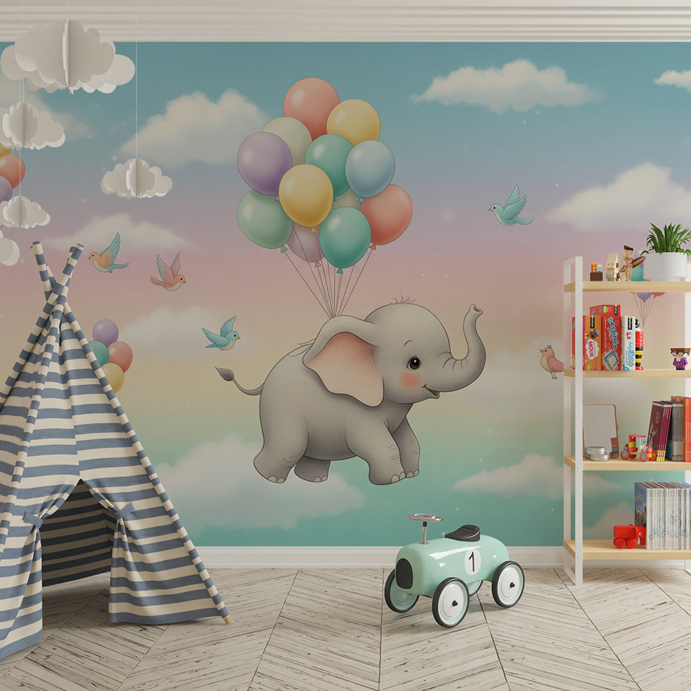 Kids-Mundo elephant balloon mural on a feature wall in a bright kids bedroom