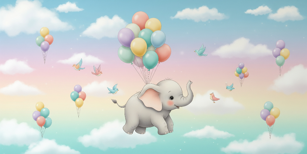 Kids-Mundo wall mural artwork of a baby elephant floating with pastel balloons in the sky