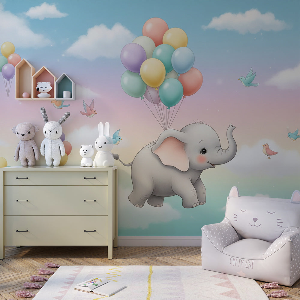 Kids-Mundo baby elephant mural decorating a playroom wall with balloons and birds