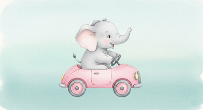 Kids-Mundo baby elephant driving a pink car flat wall mural artwork on a soft mint green background.