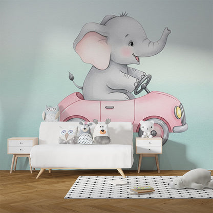 Kids-Mundo playful elephant pink car wall mural adding colour to a bright children's playroom.