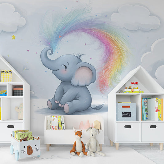 Kids-Mundo elephant and rainbow cloud wall mural brightening a soft kids bedroom
