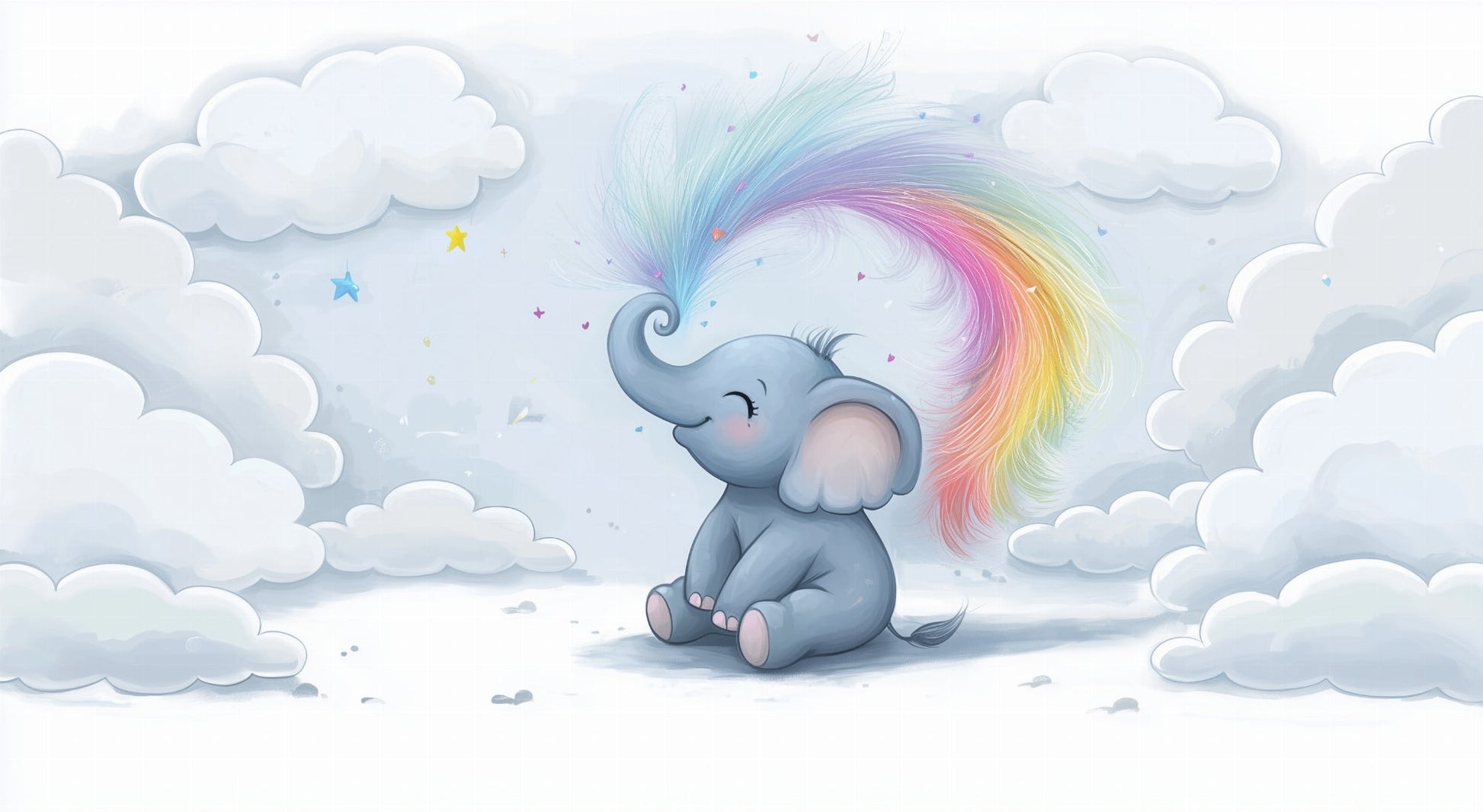 Kids-Mundo flat artwork preview of the baby elephant and rainbow cloud wall mural design
