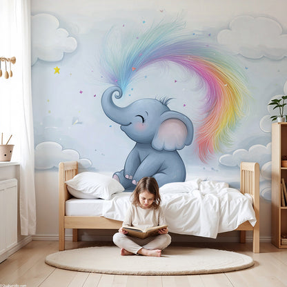 Kids-Mundo baby elephant rainbow wall mural as calming nursery wallpaper above a cot