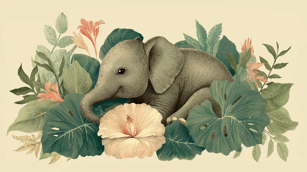 Kids-Mundo flat artwork of a baby elephant resting among tropical leaves and a pale bloom