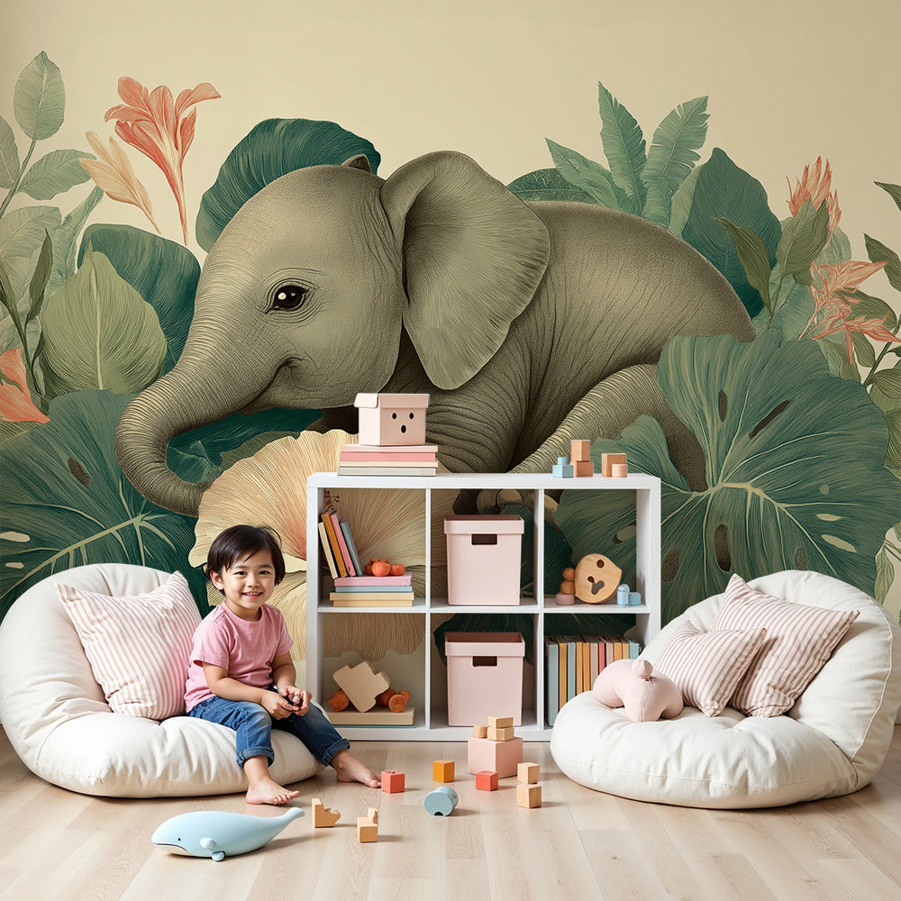 Kids-Mundo baby elephant tropical blooms wall mural in a soft, botanical nursery room