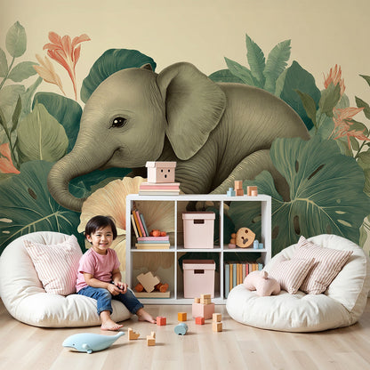Kids-Mundo baby elephant tropical blooms wall mural in a soft, botanical nursery room