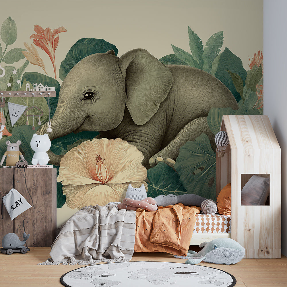 Kids-Mundo baby elephant among tropical leaves mural styled on a playroom wall
