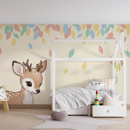 Kids-Mundo fawn and falling leaves mural covering a feature wall in a soft kids' bedroom