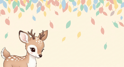 Kids-Mundo flat artwork of a spotted baby fawn beneath a shower of softly falling pastel leaves