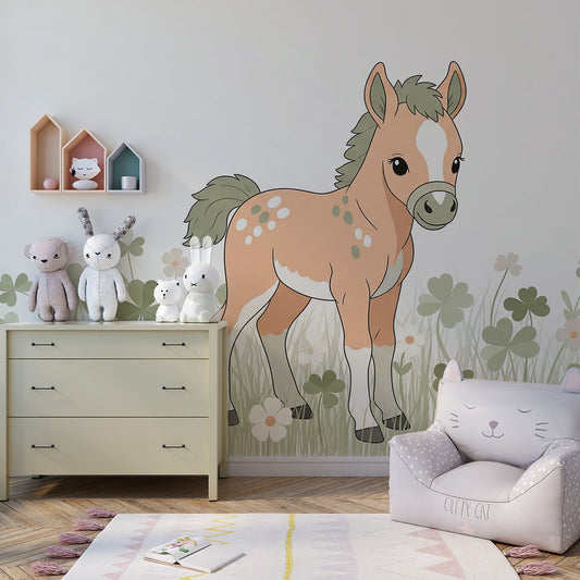 Kids-Mundo foal in a flower meadow wall mural shown in a child's bedroom
