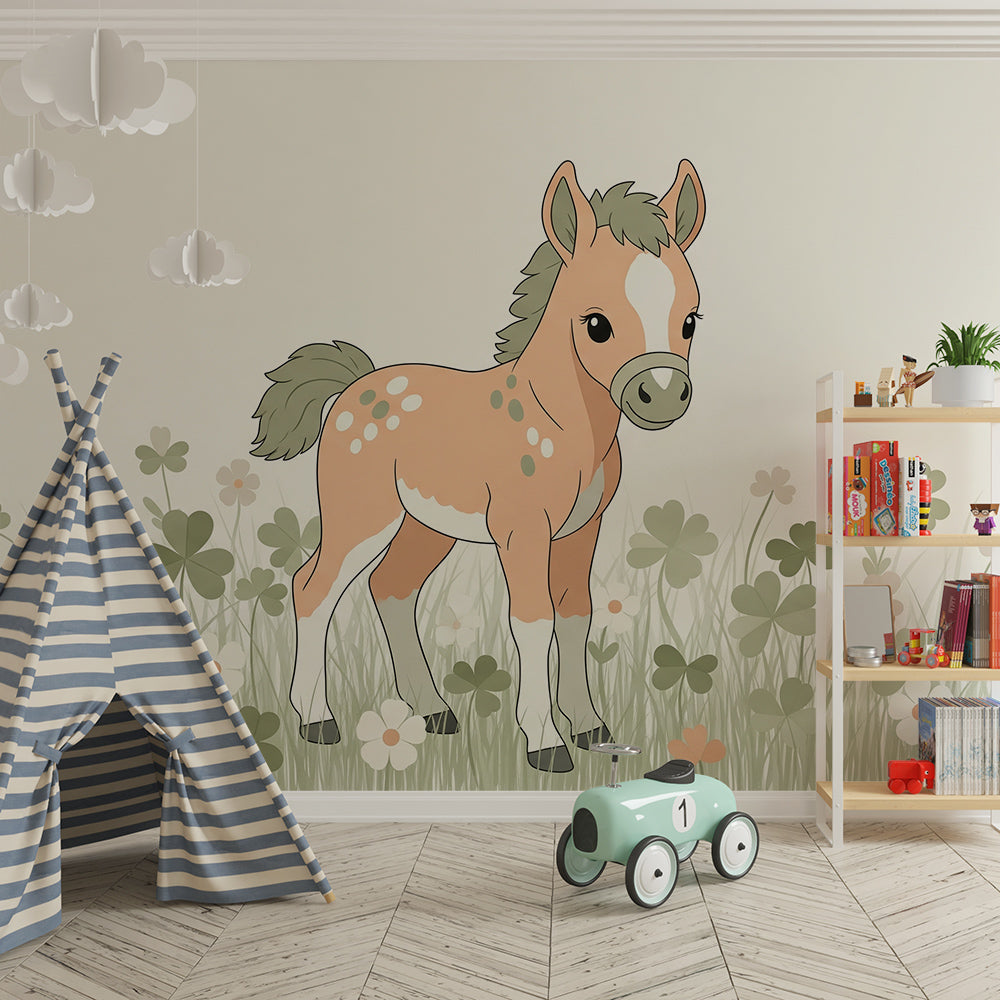 Kids-Mundo cute foal and flowers wall mural styled in a bright playroom