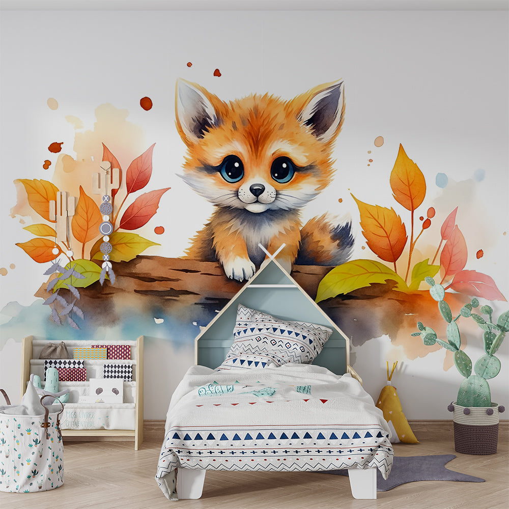 Kids-Mundo watercolour fox wall mural styled in a warm kids bedroom with autumn tones
