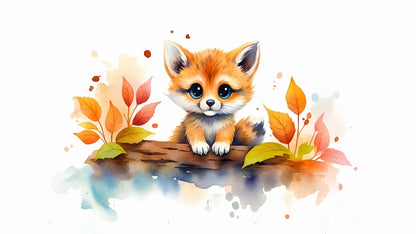 Kids-Mundo flat artwork preview of the baby fox and autumn leaves watercolour wall mural