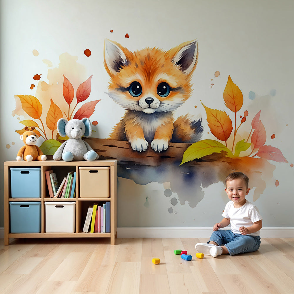Kids-Mundo baby fox wall mural with autumn leaves in a warm, cosy baby nursery room