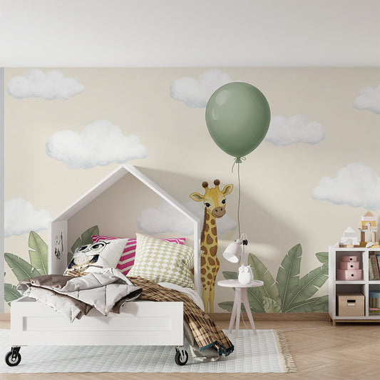 Kids-Mundo giraffe and balloon wall mural brightening a toddler's bedroom