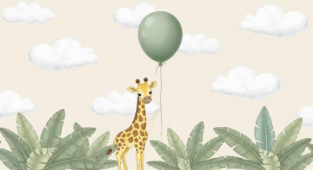 Baby Giraffe with a Balloon Among Palm Leaves Wall Mural