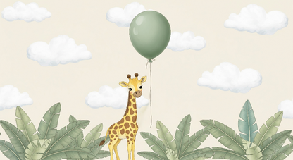 Kids-Mundo flat artwork of a baby giraffe holding a green balloon among palm leaves