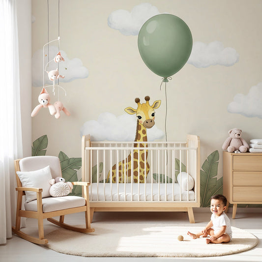 Kids-Mundo giraffe and balloon wall mural adding cheerful warmth to a nursery wall