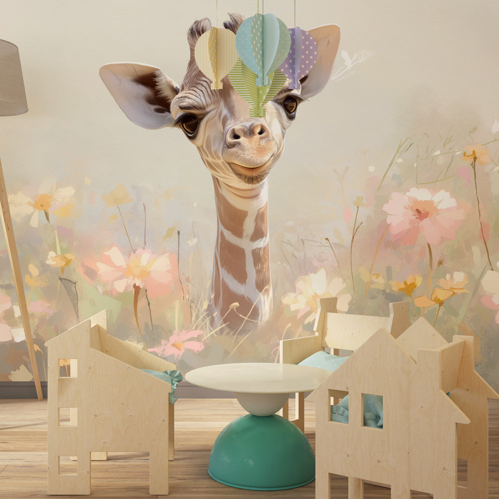 Close-up view of baby giraffe mural wallpaper showing delicate flower details in pastel colors